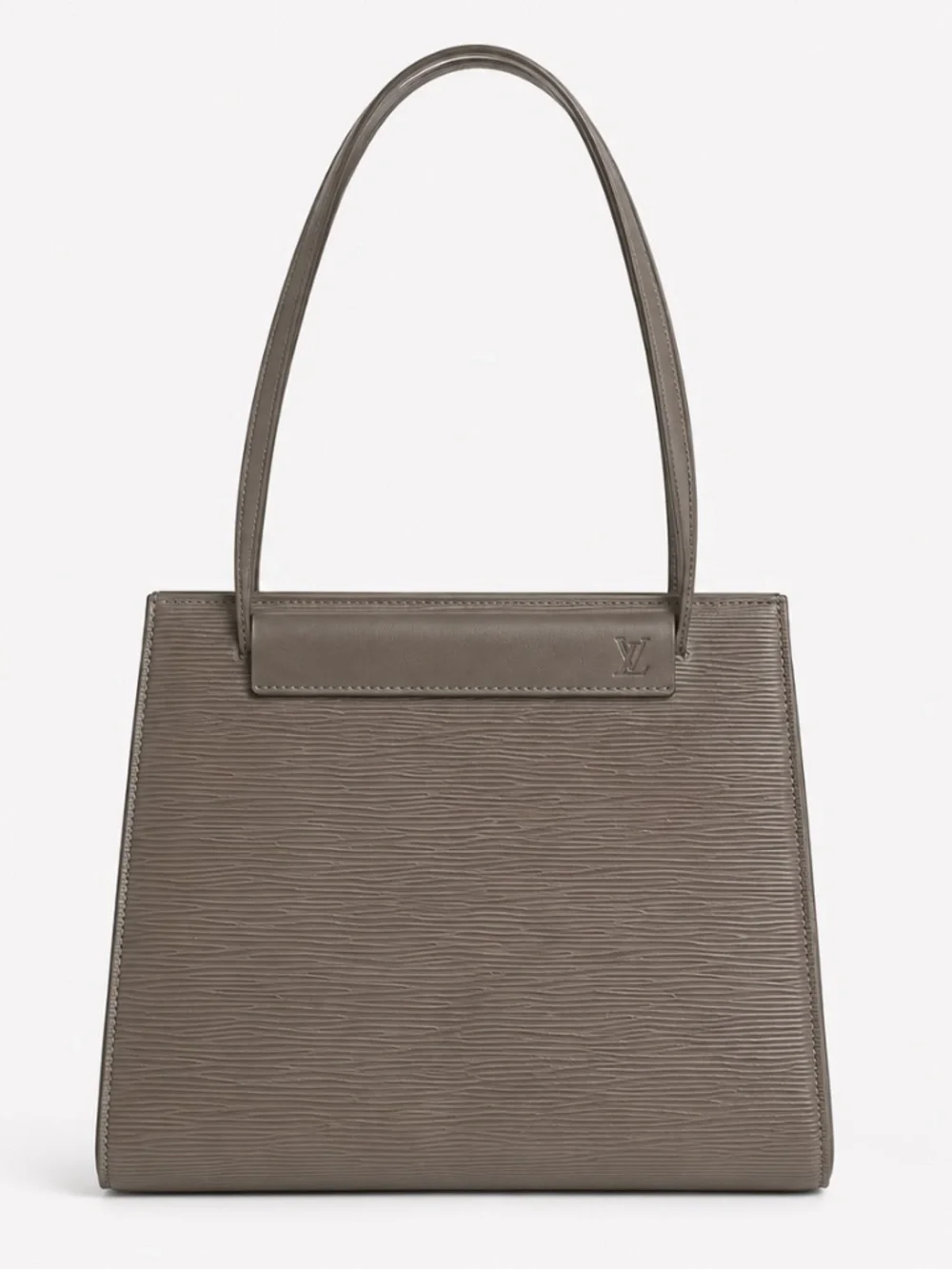 Vintage Textured Leather Shoulder Bag Taupe Gray Structured Minimalist Purse